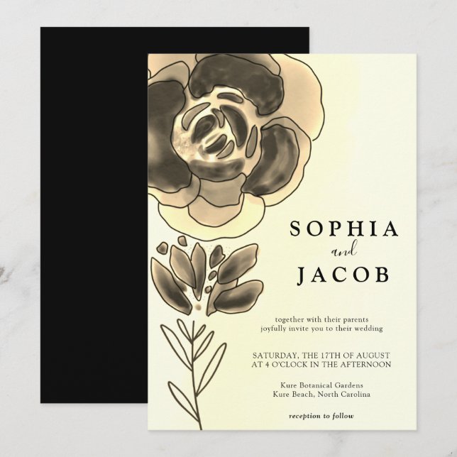 Hochzeit von Gold und Black Watercolor Einladung (Vorne/Hinten)