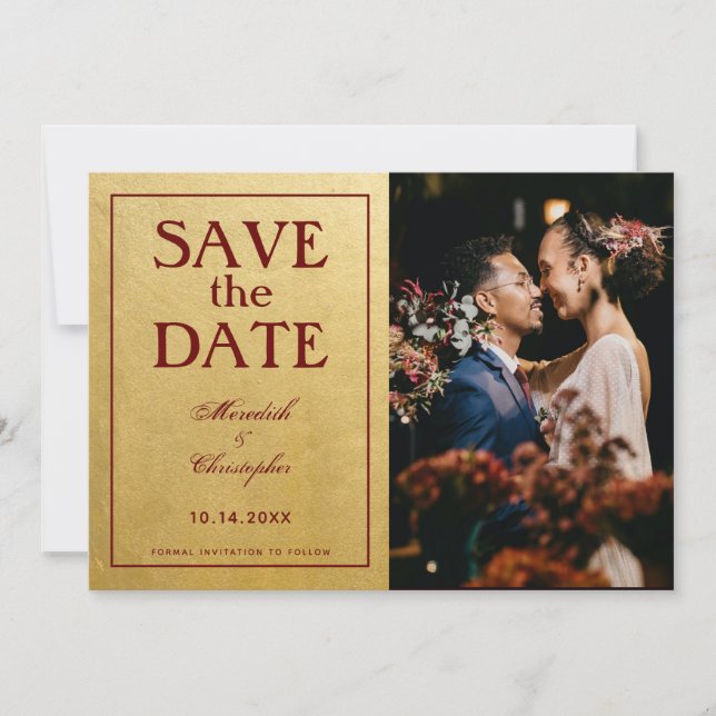 Hochzeit von Gold und Burgund-Foto Save The Date (Vorderseite)