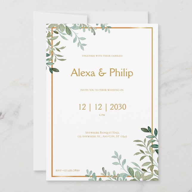 Hochzeit von Gold und Grün Einladung (Vorderseite)