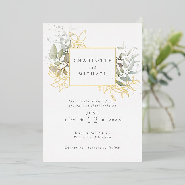Hochzeit von Gold und Grüntönen Folieneinladung (Stehend vorne)