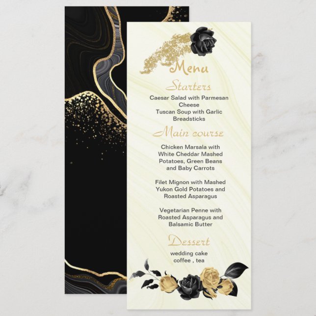 Hochzeit von Gold- und Schwarzen Blume Menükarte (Vorne/Hinten)