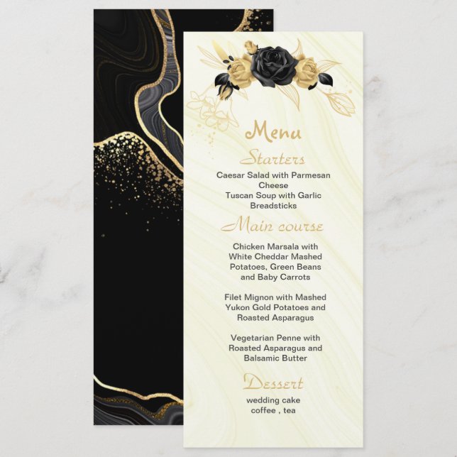 Hochzeit von Gold- und Schwarzen Blume Menükarte (Vorne/Hinten)