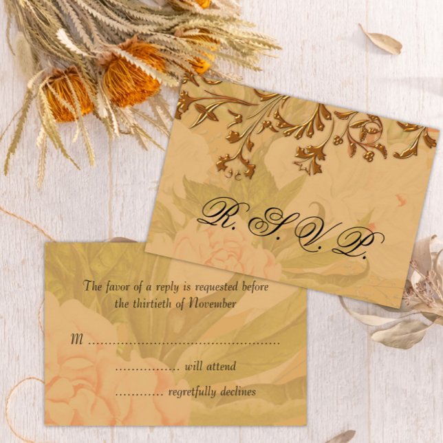 Hochzeit von Gold und verblichenen Peonies RSVP Karte (Von Creator hochgeladen)
