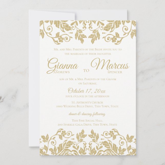 Hochzeit von Gold und White Damask Einladung (Vorderseite)