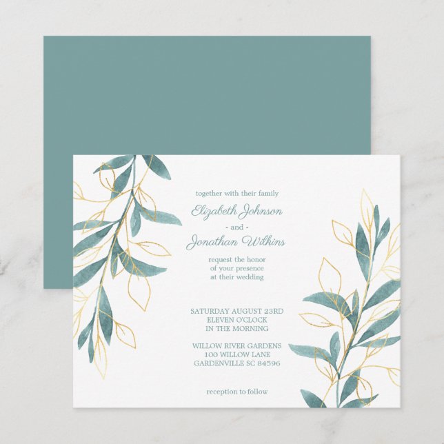 Hochzeit von Golden Green Floral Einladung (Vorne/Hinten)