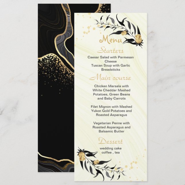 Hochzeit von goldenen Blume und schwarzen Blätter Menükarte (Vorne/Hinten)