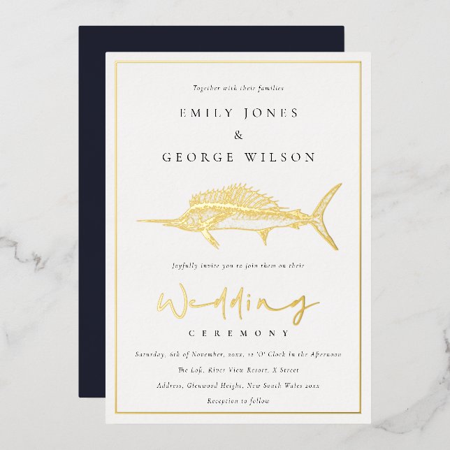 Hochzeit von Goldfisch-Marinefischen Folieneinladung (Vorderseite/Rückseite)