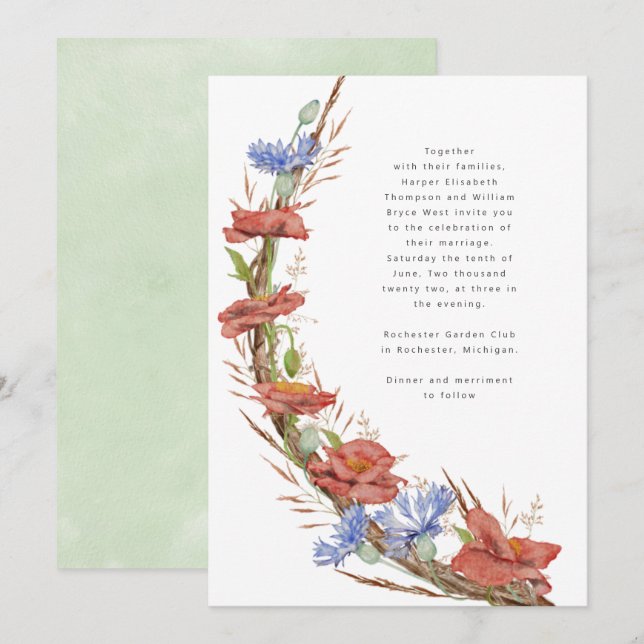 Hochzeit von Grasgras mit moderner Aquarellwiese B Einladung (Vorne/Hinten)