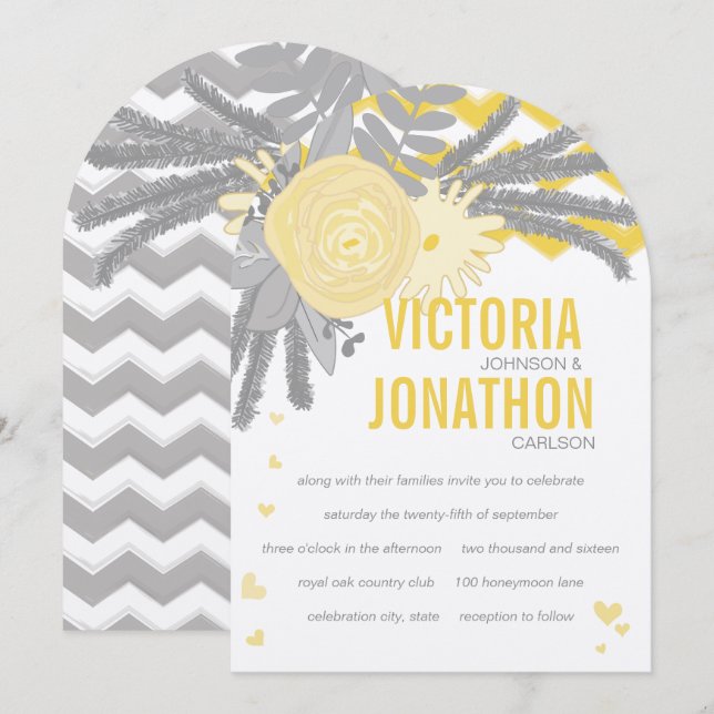 Hochzeit von grauen und gelben Zig-Zag-Typografie Einladung (Vorne/Hinten)