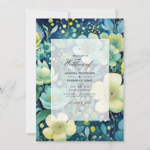 Hochzeit von Grün, Marine, Blautönen und Gold-Blum Einladung