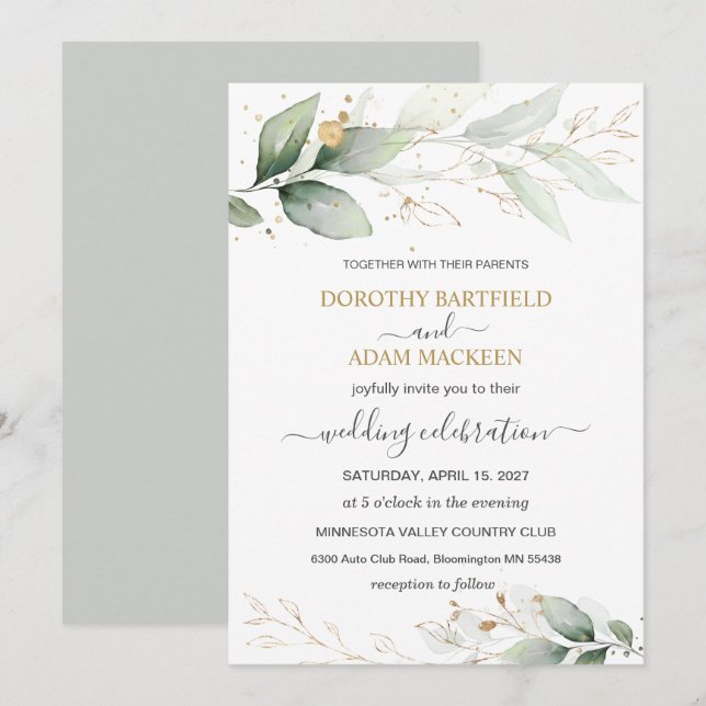 Hochzeit von Grün und Gold Einladung (Vorne/Hinten)