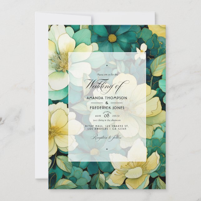 Hochzeit von Grüntönen und Golden Floral Einladung (Vorderseite)