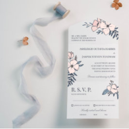 Hochzeit von Hand gezogener Blush & Navy-Blume All In One Einladung