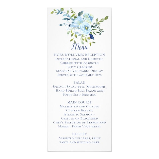 Hochzeit von hellblauen und marinen Blumen | Menü (Vorne)
