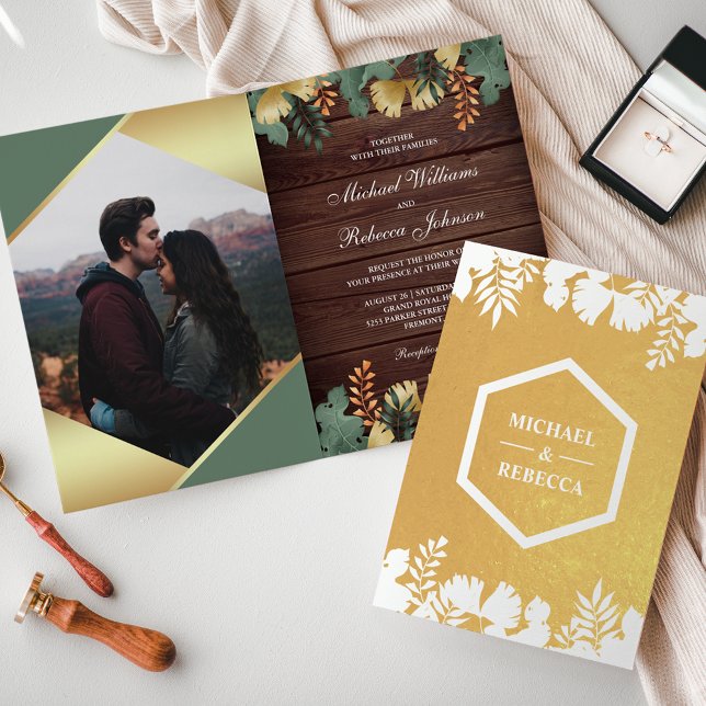 Hochzeit von Holz Gold Geometric Tropical Foto Folienkarte (Von Creator hochgeladen)