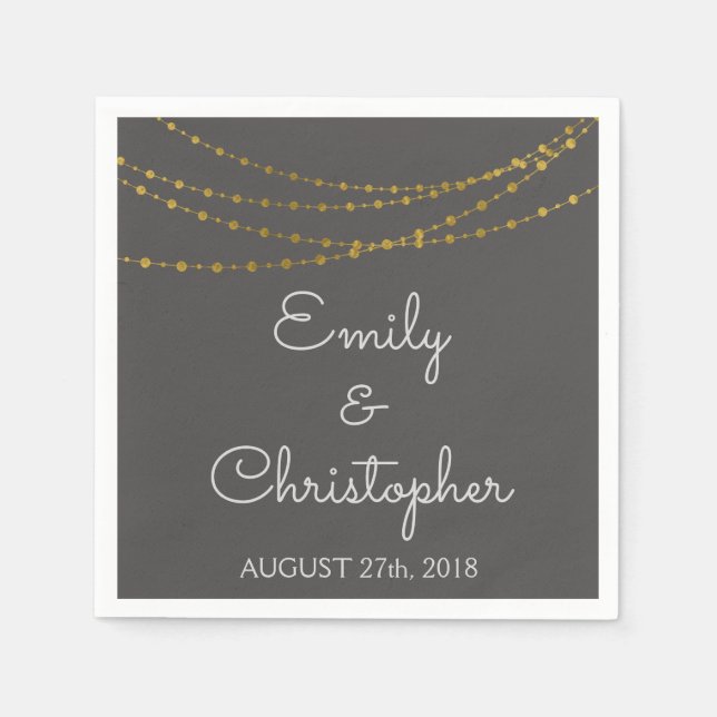 Hochzeit von Holzkohle- und Goldfilm-String-Lights Serviette (Vorderseite)