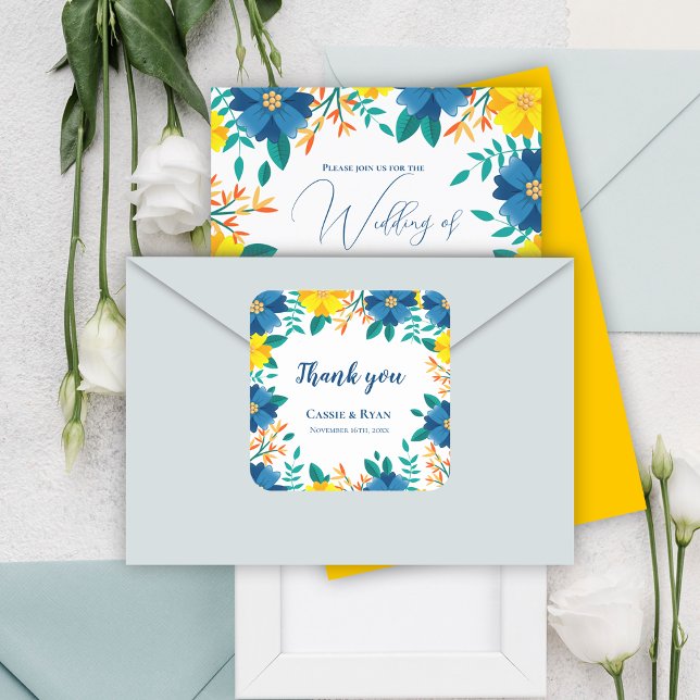 Hochzeit von hübsch-blau-gelben Blumen Vielen Dank Quadratischer Aufkleber (Pretty Blue and Yellow Floral Wedding Thank you Square Sticker)