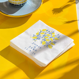Hochzeit von hübschen, blauen und gelben Zitronenw Serviette