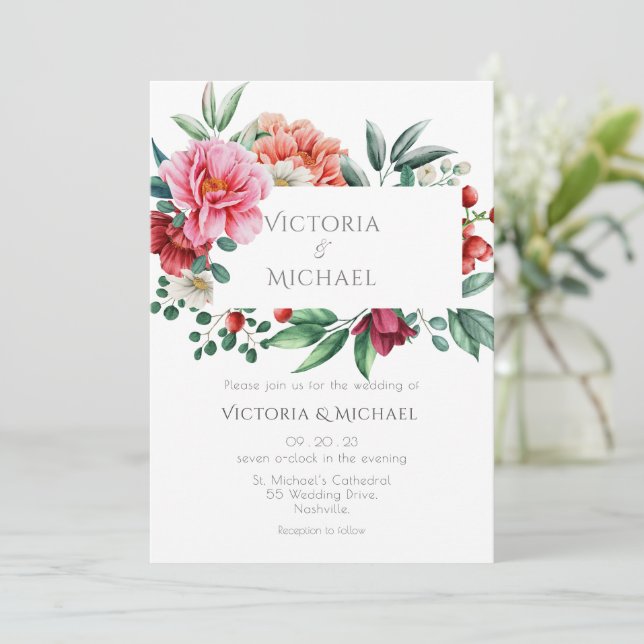 Hochzeit von hübschen Peonies Einladung (Stehend Vorderseite)