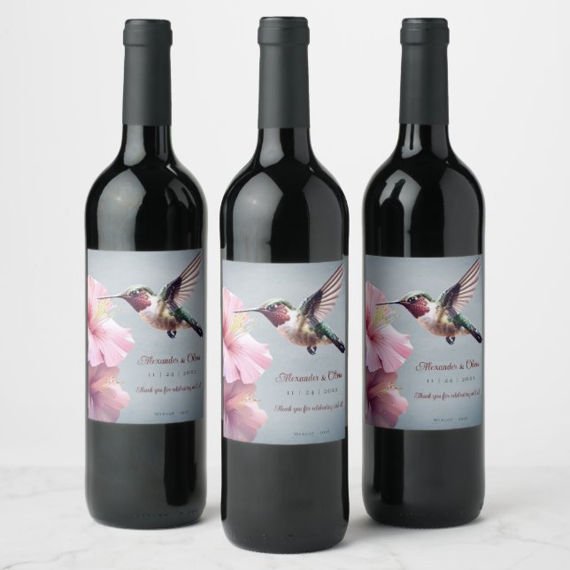 Hochzeit von Hummingvogel und Hibiskus | Blau Weinetikett (Flaschen)