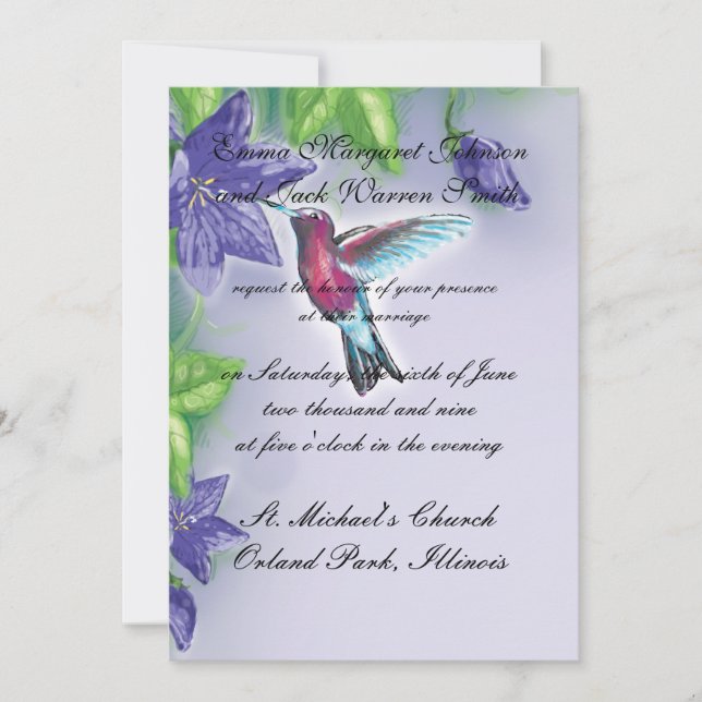 Hochzeit von kleinen, lila Hummingvogel Einladung (Vorderseite)
