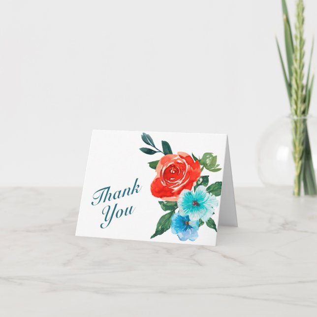 Hochzeit von Korallen und Aqua Floral Dankeskarte (Vorderseite)