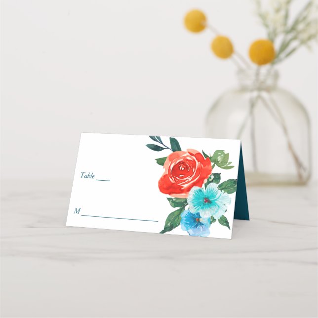 Hochzeit von Korallen und Aqua Floral Platzkarte (Vorderseite)