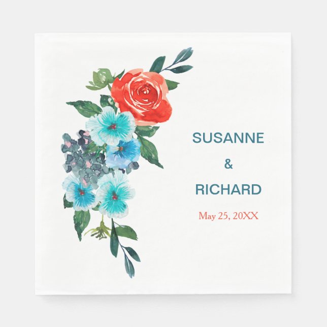 Hochzeit von Korallen und Aqua Floral Serviette (Vorderseite)