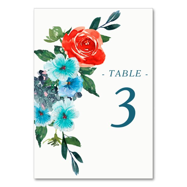 Hochzeit von Korallen und Aqua Floral Tischnummer (Vorderseite)