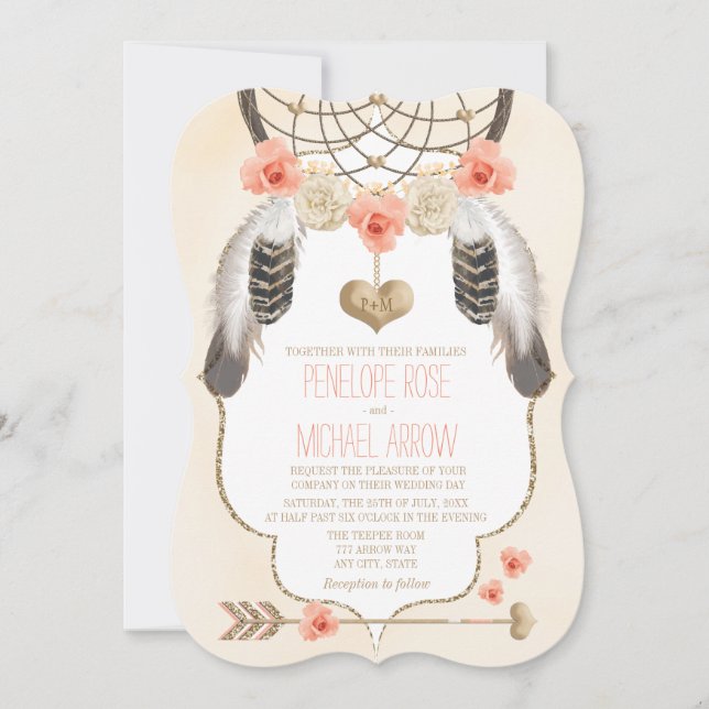 Hochzeit von Korallen und Gold Dreamcatcher Einladung (Vorderseite)