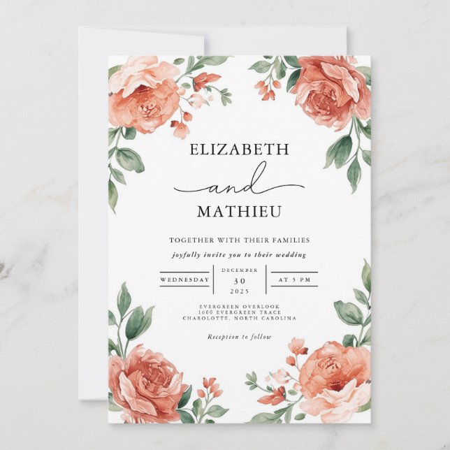 Hochzeit von Korallen und Grünem Blumengarten Einladung (Vorderseite)