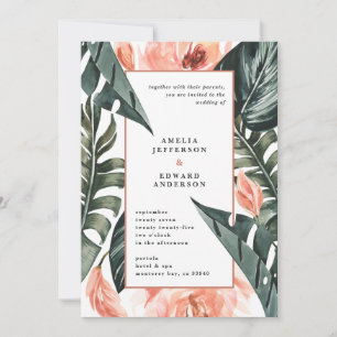 Hochzeit von korallenrosa und tropischem Blattwerk