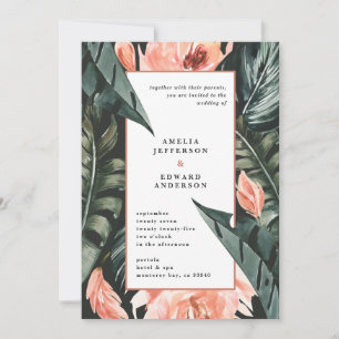 Hochzeit von korallenrosa und tropischem Blattwerk