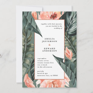 Hochzeit von korallenrosa und tropischem Blattwerk