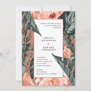 Hochzeit von korallenrosa und tropischem Blattwerk