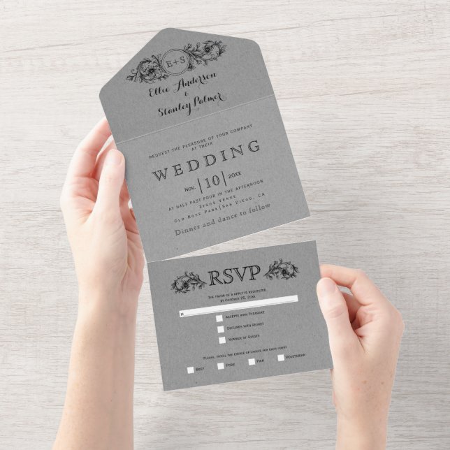 Hochzeit von Kraftpapier mit schwarzem Blumenrahme All In One Einladung (Abreißen)