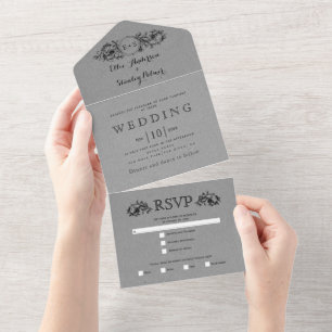 Hochzeit von Kraftpapier mit schwarzem Blumenrahme All In One Einladung