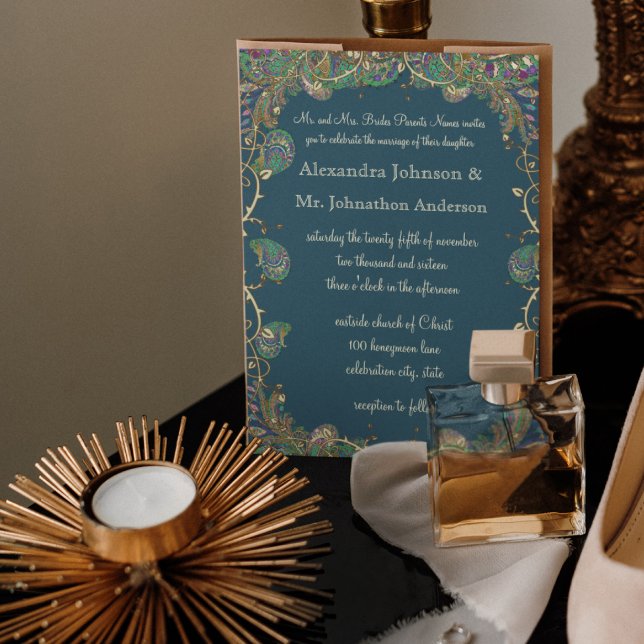 Hochzeit von Kupfer und grünem Paisley Peacock Einladung (Von Creator hochgeladen)