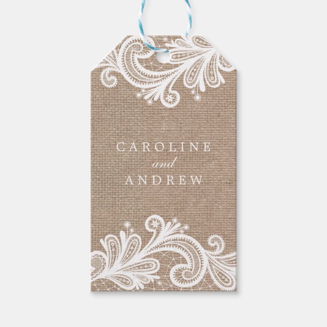 Hochzeit von Lace und Burlap Geschenkanhänger (Vorderseite)
