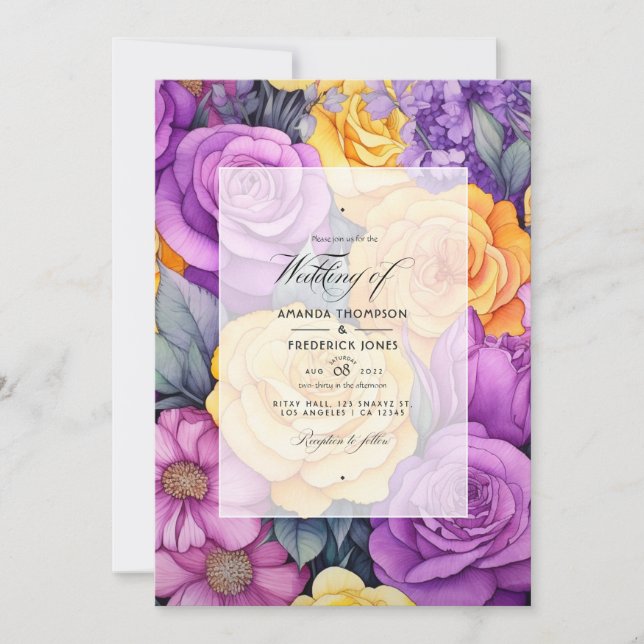 Hochzeit von Lavendel und Gelbblütenfrüchten Einladung (Vorderseite)