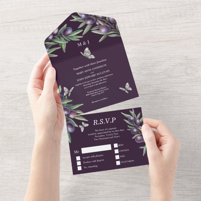 Hochzeit von lila Grauolivenschmetterling All In One Einladung (Abreißtisch)