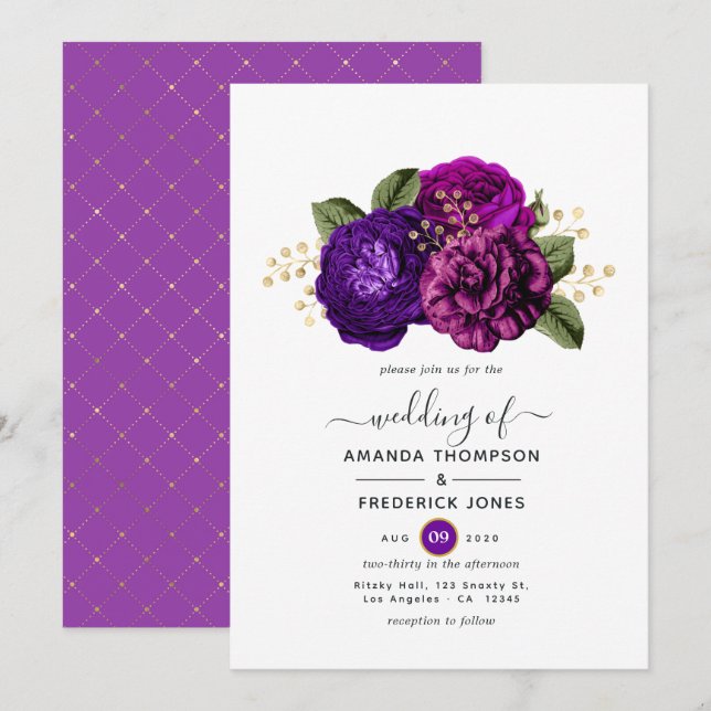 Hochzeit von Lila und goldenen Blumen Einladung (Vorne/Hinten)
