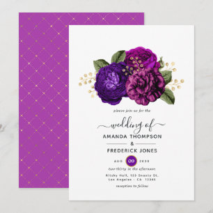 Hochzeit von Lila und goldenen Blumen Einladung