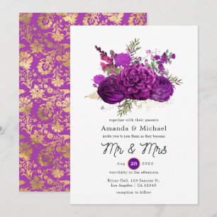 Hochzeit von Lila und goldenen Blumen Einladung