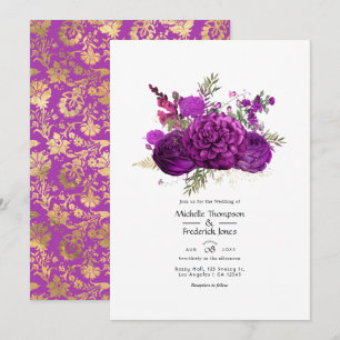 Hochzeit von Lila und goldenen Blumen Einladung