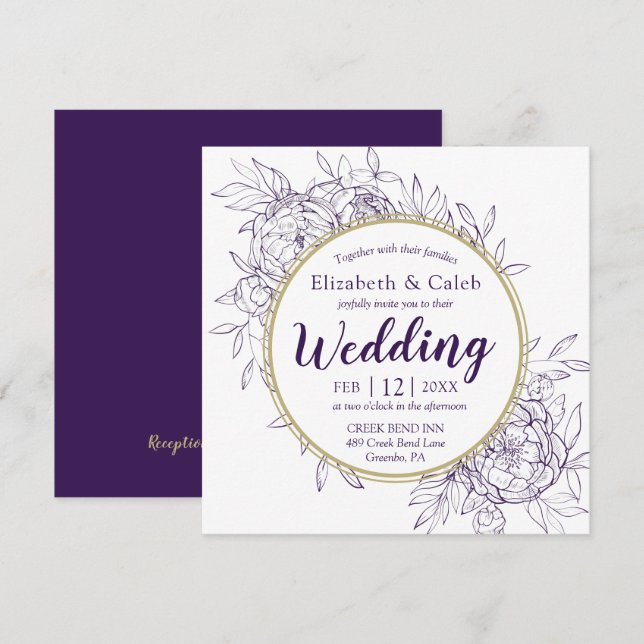 Hochzeit von lila- und Goldpionen Einladung (Vorne/Hinten)