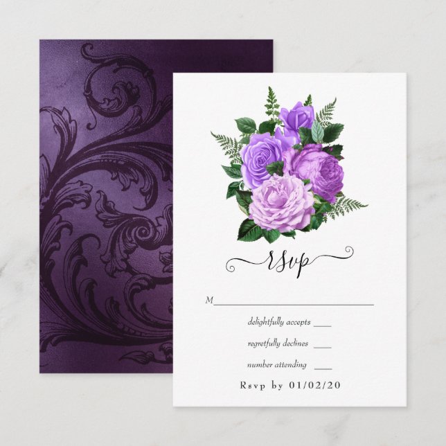 Hochzeit von lila und grünen Blumen RSVP Karte (Vorne/Hinten)