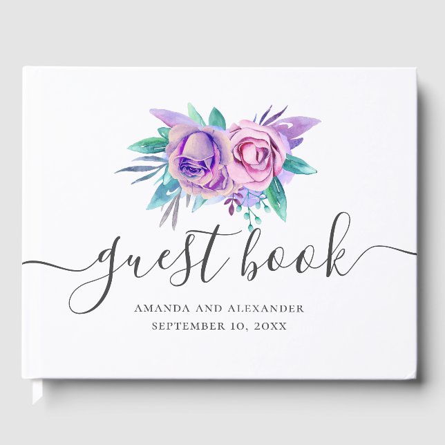 Hochzeit von lila und rosa Blumenzitaten Gästebuch (Vorderseite)