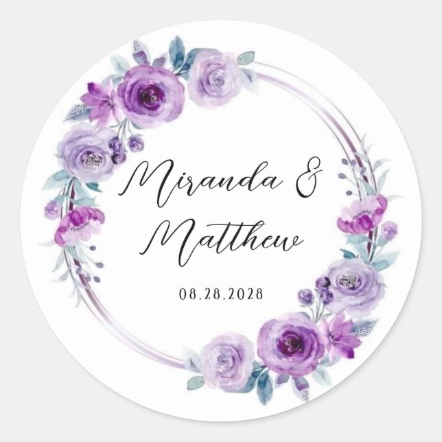 Hochzeit von lila Wasserfarben Runder Aufkleber (Vorderseite)