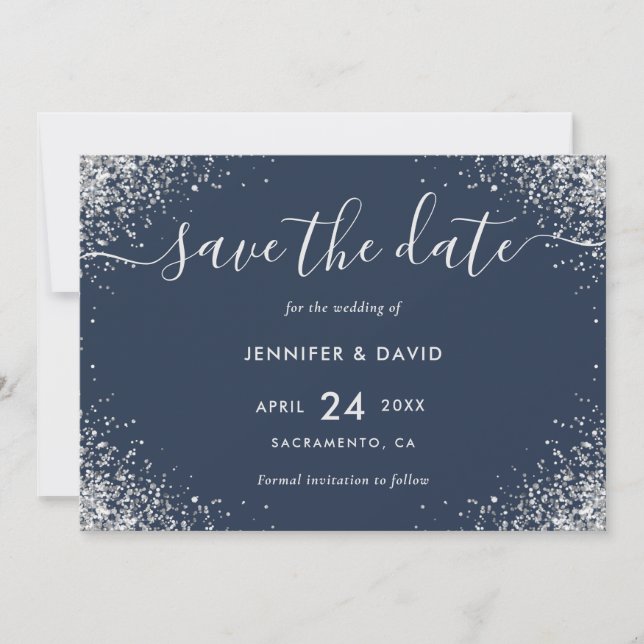 Hochzeit von Luxury Navy Blue und Silver Glitzer Save The Date (Vorderseite)